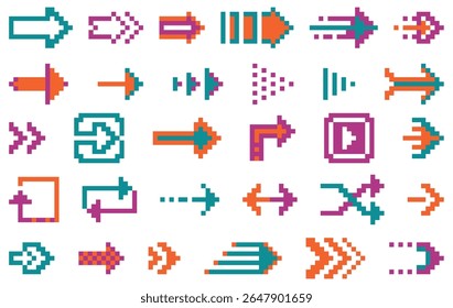 Setas de 8 bits de pixel colorido. Gráficos de computador de vídeo retro, cursores coloridos interativos, ativos de jogos de arcade, ponteiro de navegação, próximo para cima e para baixo elementos isolados, conjunto de vetor qualitativo