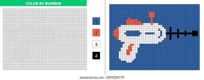 Color pixel by number. Blaster of alien. Space gun. Pixel coloring book. Numbered squares. Game for kids. Pixel art. Isolated vector illustration eps 10