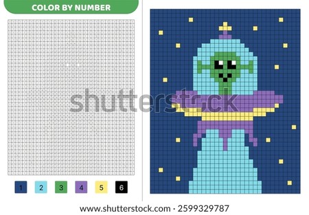 Color pixel by number. UFO, flying saucer. Pixel coloring book. Numbered squares. Game for kids. Pixel art. Isolated vector illustration eps 10