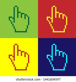 Color Pixel hand cursor icon isolated on color background. Pointer hand cursor.  Vector Illustration