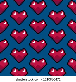 Color Pixel Heart Games Seamless Pattern Background. Vector illustration of Pixelated Icon