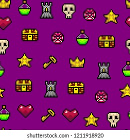 Color Pixel Objects Games Seamless Pattern Background Include of Heart, Star, Beverage and Key. Vector illustration of Pixelated Icon
