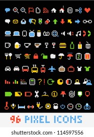 Color pixel style icons collection on black