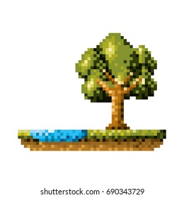 color pixelated forest landscape in meadow with tree next to the river vector illustration