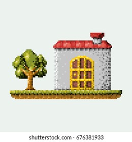 color pixelated house in meadow with tree vector illustration