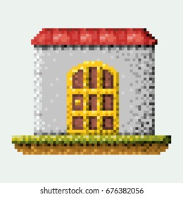 color pixelated house in meadow vector illustration