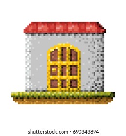 color pixelated house in meadow vector illustration