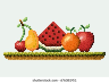 color pixelated set collection fruits in meadow vector illustration