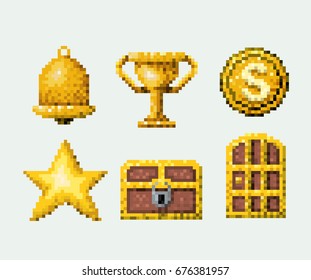 color pixelated set of golden elements arcade game vector illustration
