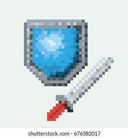 color pixelated set of shield and sword vector illustration