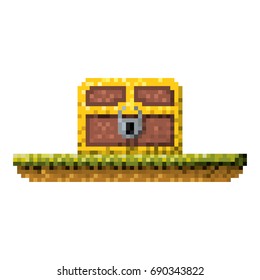 color pixelated treasure chest with padlock in meadow vector illustration