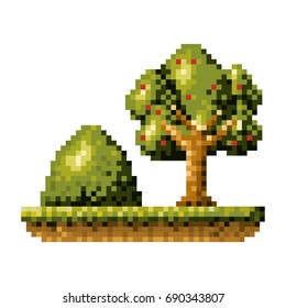 color pixelated tree and mountain landscape vector illustration