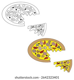 Color pizza icon. Outline slice vector. Mushrooms pepperoni shape. Fast food drawing.