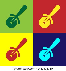 Color Pizza knife icon isolated on color backgrounds. Pizza cutter sign. Steel kitchenware equipment. Vector Illustration
