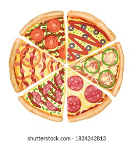 Color pizza top view. Savoury pizza ads with 3d illustration rich toppings dough. Colorful and tasty vector banner for cafe, restaurant or food delivery service