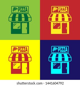 Color Pizzeria building facade icon isolated on color backgrounds. Fast food pizzeria kiosk. Vector Illustration