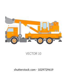 Color plain vector icon construction machinery truck excavator. Industrial retro style. Corporate cargo delivery. Commercial car transportation. Building business engineering. Power dig. Illustration.