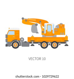 Color plain vector icon construction machinery truck excavator. Industrial retro style. Corporate cargo delivery. Commercial car transportation. Building business engineering. Power dig. Illustration.