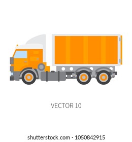 Color plain vector icon construction machinery truck container. Industrial retro style. Corporate cargo delivery. Commercial car transportation. Building. Business engineering. Diesel power. Driving.