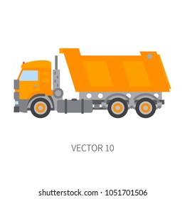 Color plain vector icon construction machinery truck tipper. Industrial retro style. Corporate cargo delivery. Commercial car transportation. Building business. Engineering. Diesel power. Illustration