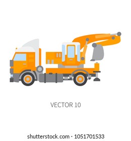 Color plain vector icon construction machinery truck excavator. Industrial retro style. Corporate cargo delivery. Commercial car transportation. Building. Business engineering. Power dig. Illustration