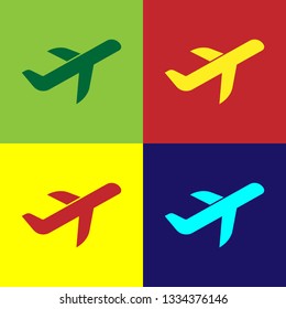 Color Plane icon isolated on color backgrounds. Flying airplane icon. Airliner sign. Flat design. Vector Illustration