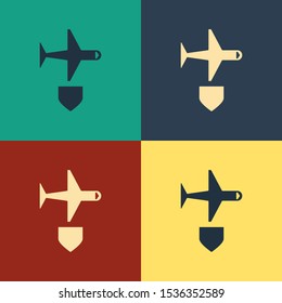 Color Plane with shield icon isolated on color background. Flying airplane. Airliner insurance. Security, safety, protection, protect concept. Vintage style drawing. Vector Illustration