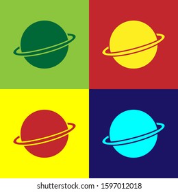 Color Planet Saturn with planetary ring system icon isolated on color background.  Vector Illustration