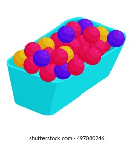 Color plastic balls in blue box icon. Cartoon illustration of plastic balls in a box vector icon for web
