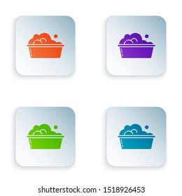 Color Plastic basin with soap suds icon isolated on white background. Bowl with water. Washing clothes, cleaning equipment. Set icons in colorful square buttons. Vector Illustration