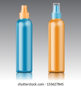 Color plastic bottle (cosmo round style) with fine mist ribbed sprayer for cosmetic, perfume, deodorant, freshener. Vector illustration.