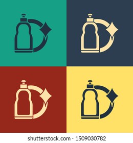 Color Plastic bottle for liquid laundry detergent, bleach, dishwashing liquid or another cleaning agent icon isolated on color background. Vintage style drawing. Vector Illustration