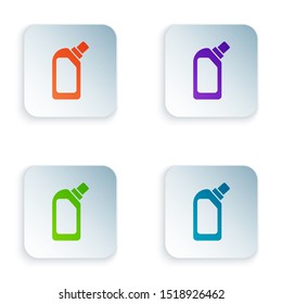 Color Plastic bottle for liquid laundry detergent, bleach, dishwashing liquid or another cleaning agent icon isolated on white background. Set icons in colorful square buttons. Vector Illustration