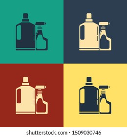 Color Plastic bottles for liquid laundry detergent, bleach, dishwashing liquid or another cleaning agent icon isolated on color background. Vintage style drawing. Vector Illustration