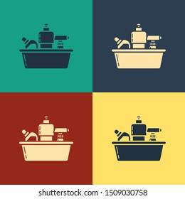 Color Plastic bottles for liquid laundry detergent, bleach, dishwashing liquid or another cleaning agent icon isolated on color background. Vintage style drawing. Vector Illustration