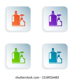 Color Plastic bottles for liquid laundry detergent, bleach, dishwashing liquid or another cleaning agent icon isolated on white background. Set icons in colorful square buttons. Vector Illustration