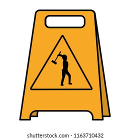 color plastic caution emblem and laborer with mallet