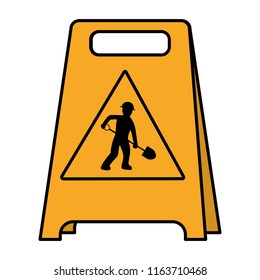 color plastic caution emblem and laborer with shovel