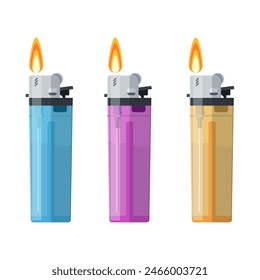 Color Plastic Lighter Set Tool for Habit Smoker. Vector illustration in flat style