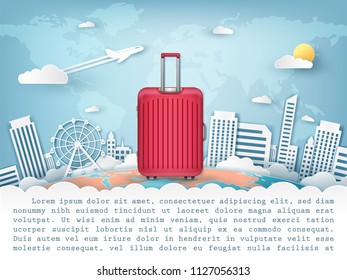 Color plastic red travel bag with town building elements world map on background blank space for text and content paper art Vector illustration.  