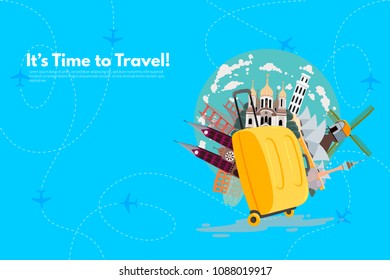 Color plastic suitcase with different travel landmarks. It’s Time to Travel text. Travel concept background. Flat design vector illustration.