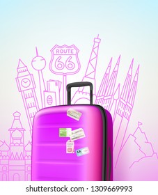Color plastic travel bag with different travel elements vector illustration. Travel concept. Travel vector illustration