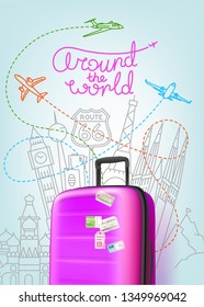 Color plastic travel bag with different world travel sights. Travel concept