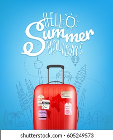 Color plastic travel bag with different travel elements vector illustration. Hello summer travel