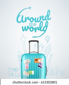 Color plastic travel bag with different travel elements vector illustration. Travel concept - Shutterstock ID 615302801