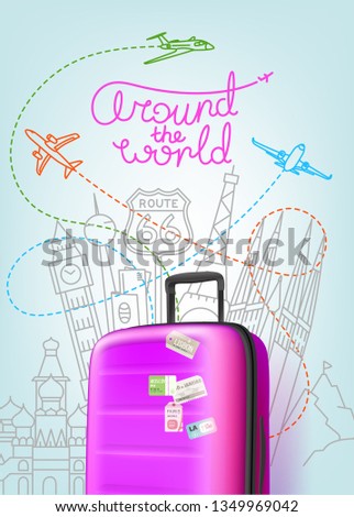 Color plastic travel bag with different world travel sights. Travel concept