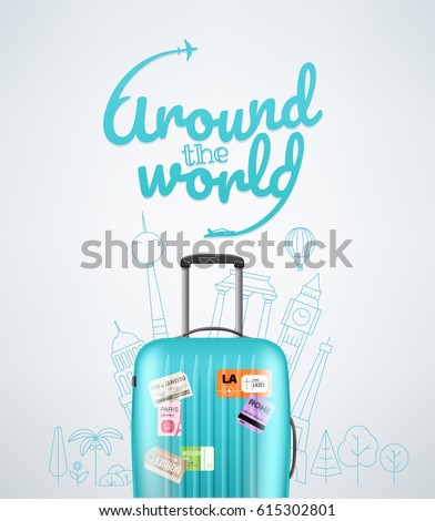 Color plastic travel bag with different travel elements vector illustration. Travel concept
