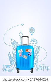 Color plastic travel bag with famous world sights. 3d vector illustration with copy space 