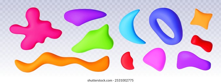 Color plasticine shapes set isolated on transparent background. Vector realistic illustration of handmade red, blue, green clay arts, creative kids craft school education, modeling dough texture