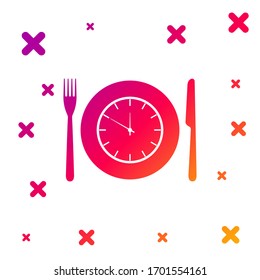 Color Plate with clock, fork and knife icon isolated on white background. Lunch time. Eating, nutrition regime, meal time and diet concept. Gradient random dynamic shapes. Vector Illustration